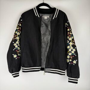 Floral Embroidered Black Bomber Jacket